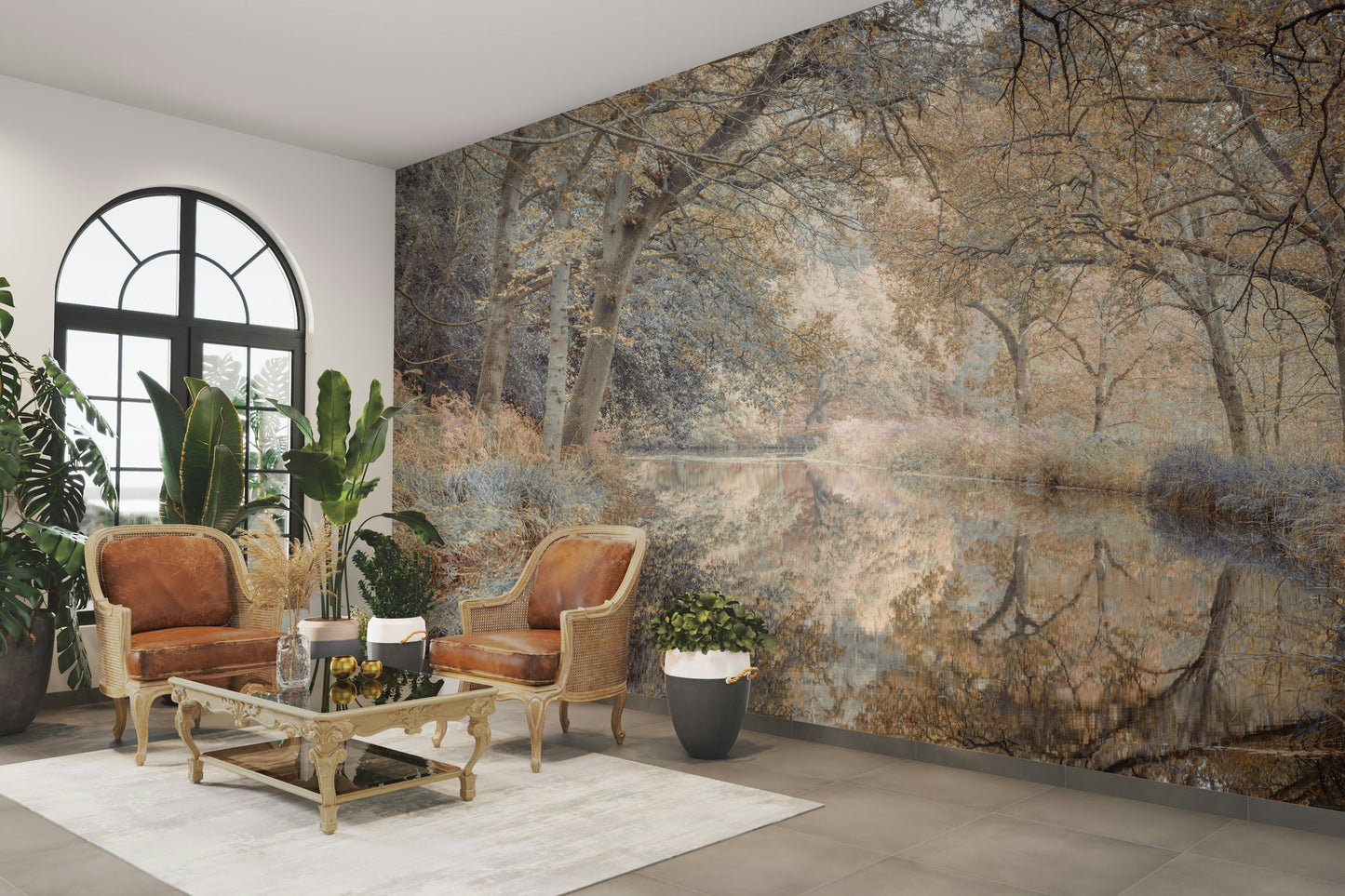 A graceful mirrored water wall mural with subtle light.


