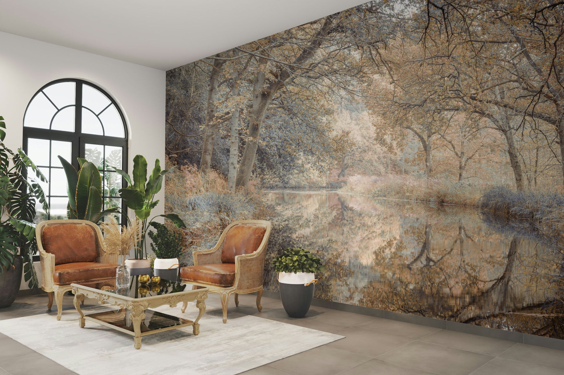 A graceful mirrored water wall mural with subtle light.

