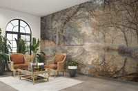 A graceful mirrored water wall mural with subtle light.

