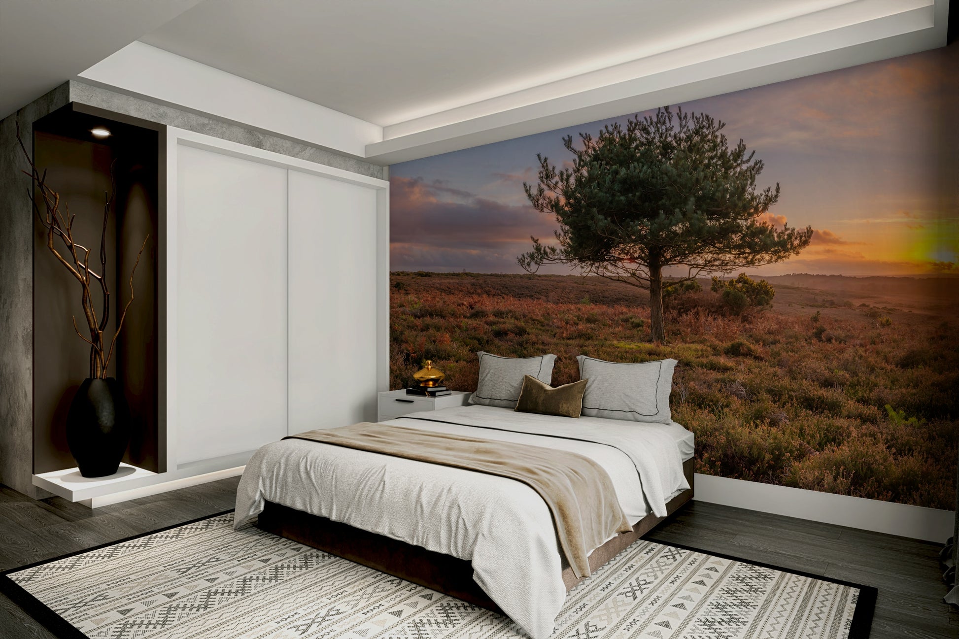 A beautiful, lone pine tree wallpaper mural at sunset.

