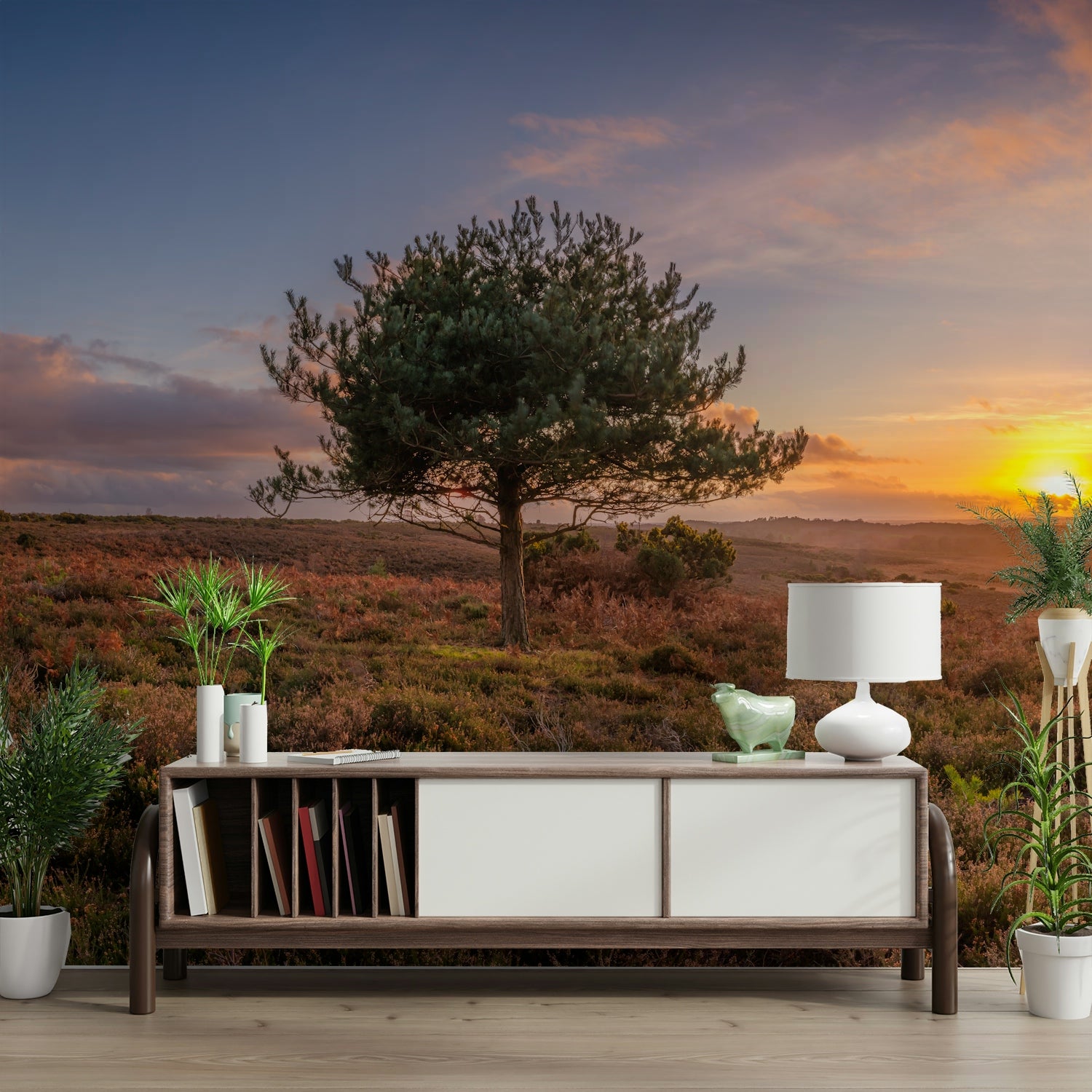 A calming single tree design wallpaper mural that defines a space.

