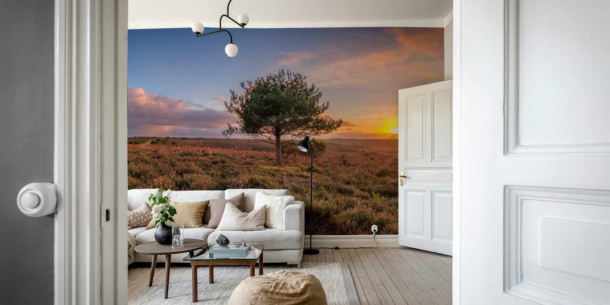 An artistic field and sky mural on scenic wallpaper.

