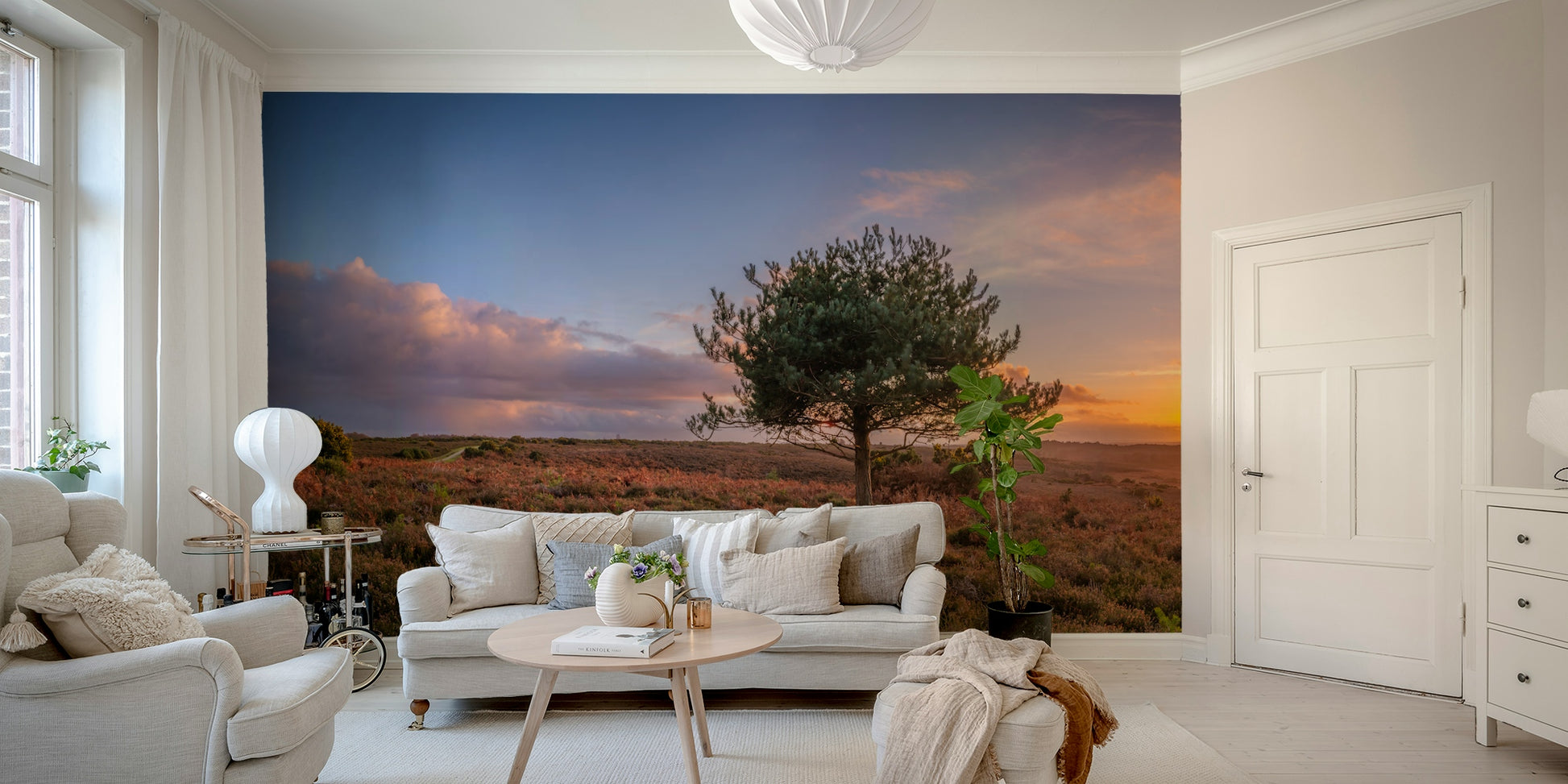 A graceful nature landscape wall mural in warm tones.

