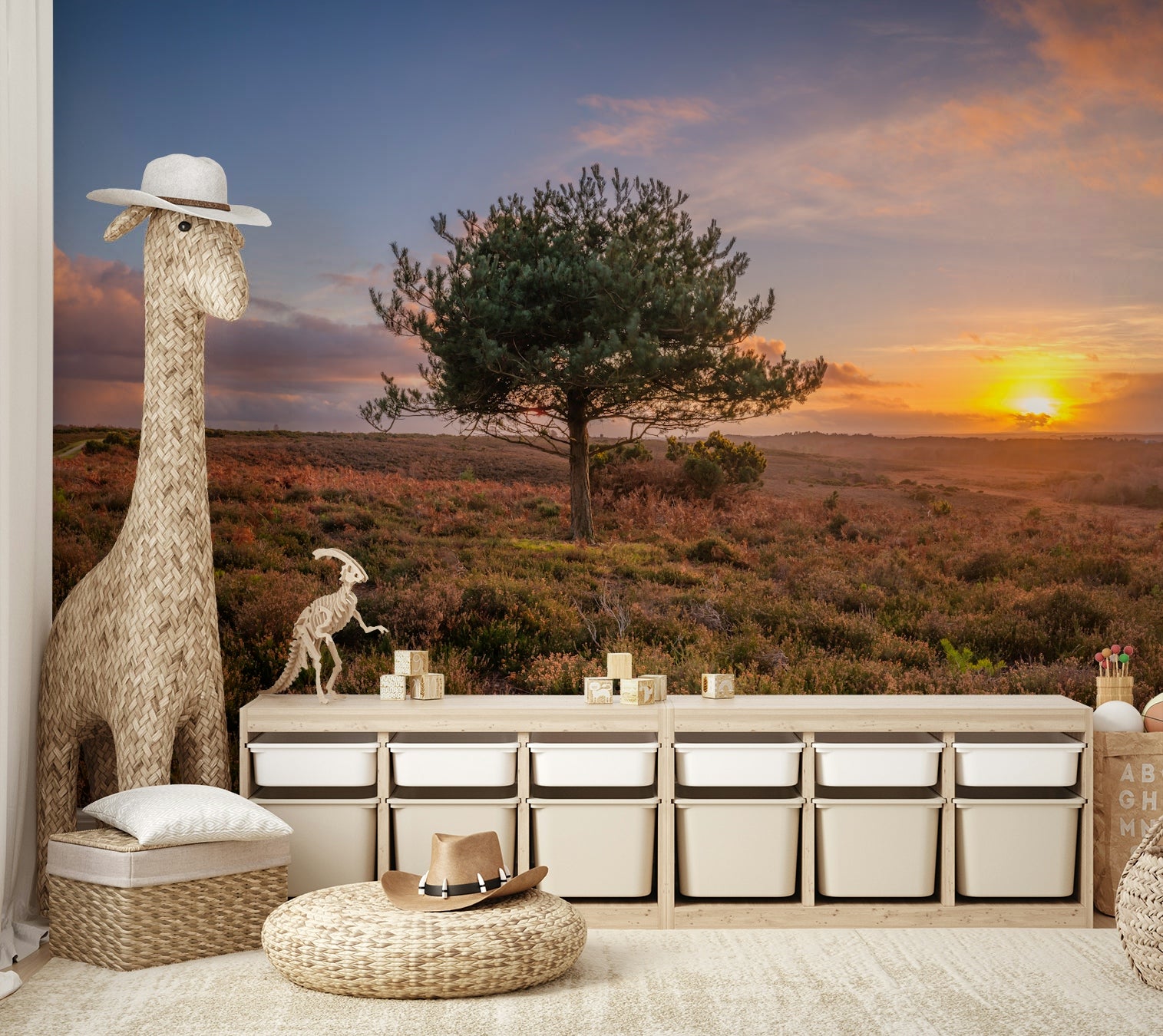 A contemplative golden light wallpaper mural for a feature wall.

