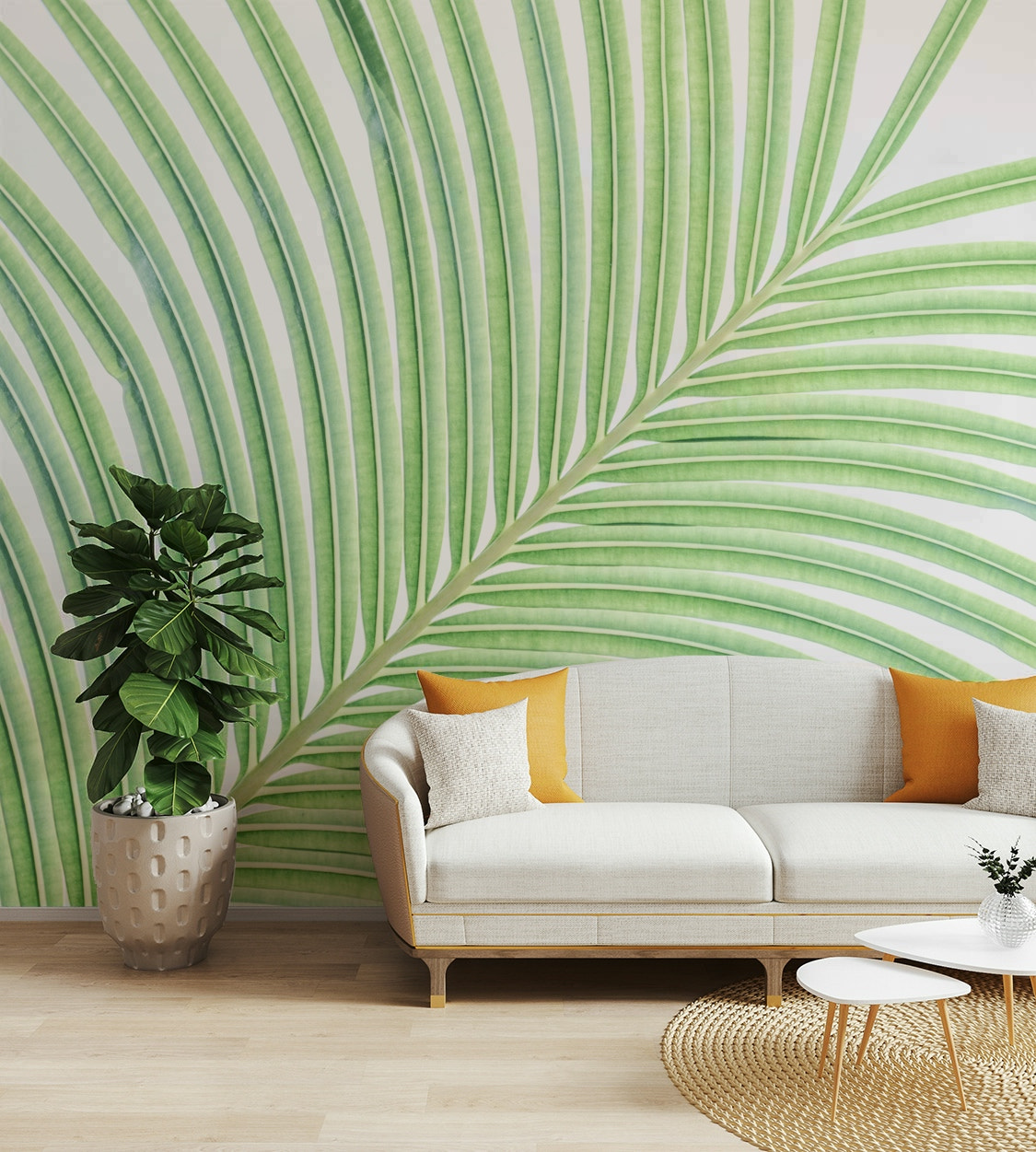 A beautiful botanical wallpaper mural with lime leaves.

