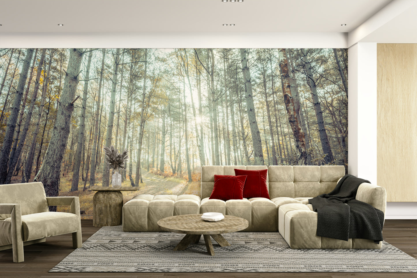 An artistic sunlit forest mural on scenic wallpaper.

