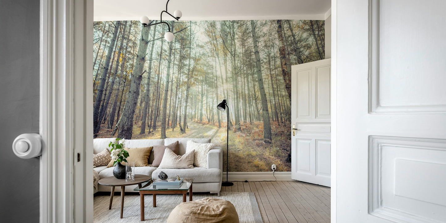 A graceful nature landscape wall mural with tall trees.


