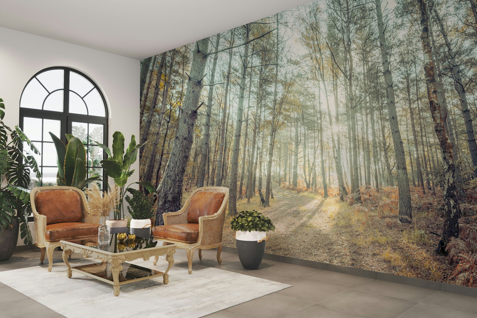 A serene woodland scene wall mural for home decor.

