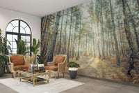 A serene woodland scene wall mural for home decor.

