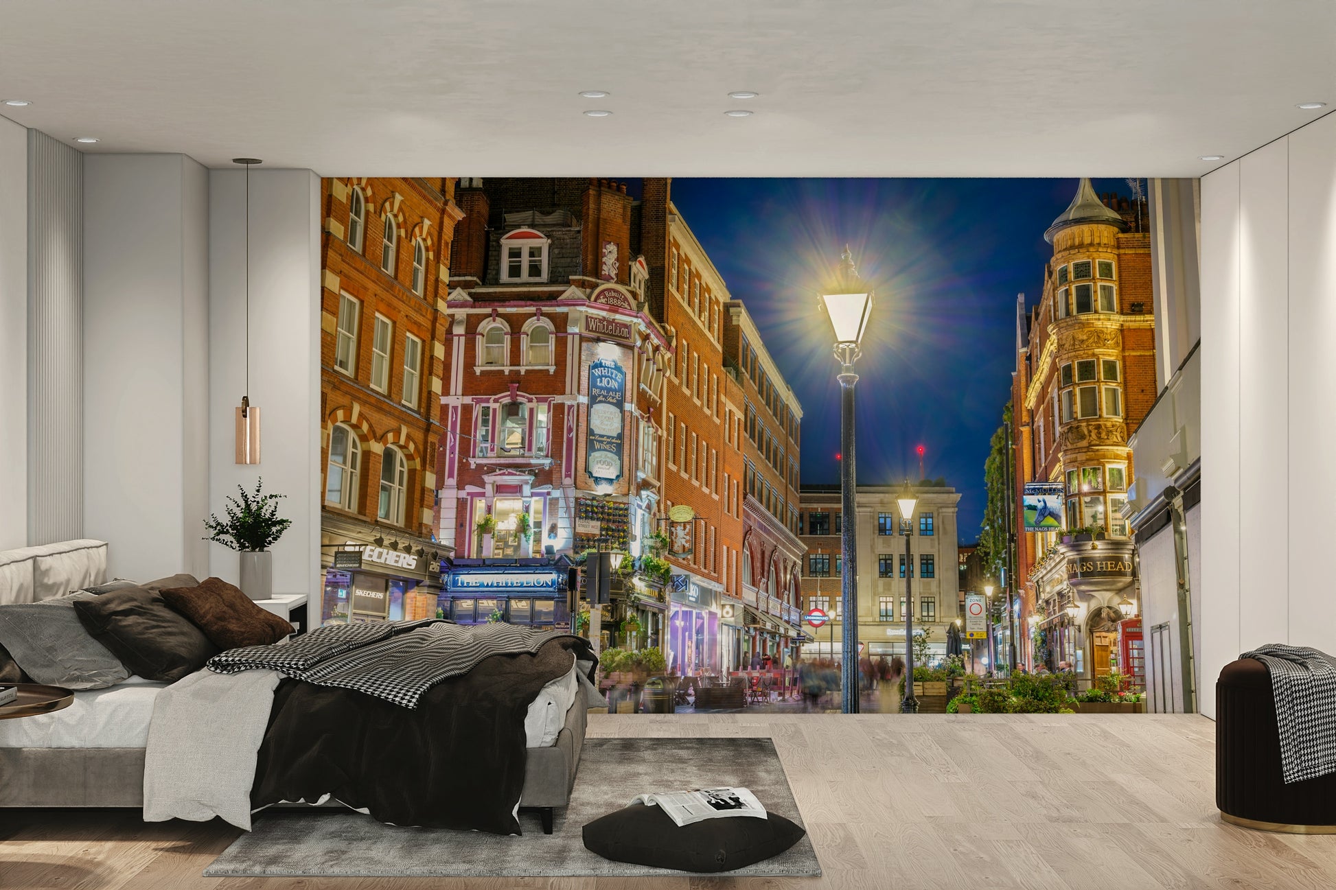 A dramatic street view wallpaper mural that defines a space.

