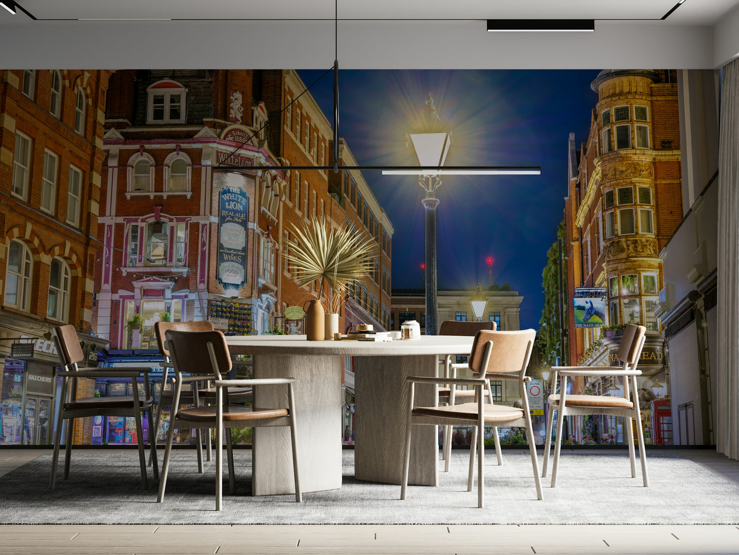 An artistic night scene mural on historic wallpaper.

