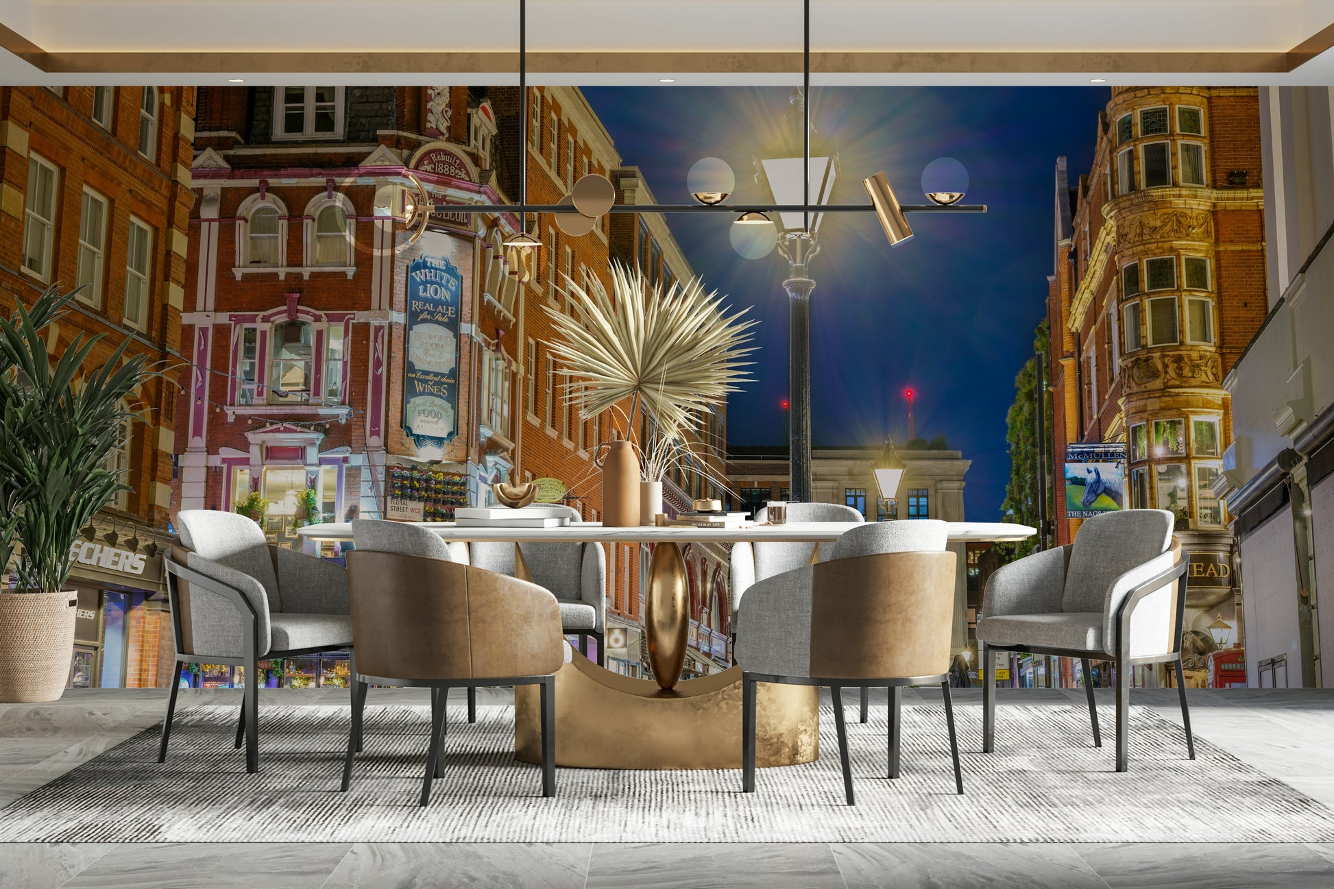 A peaceful urban evening mural on decorative wallpaper.

