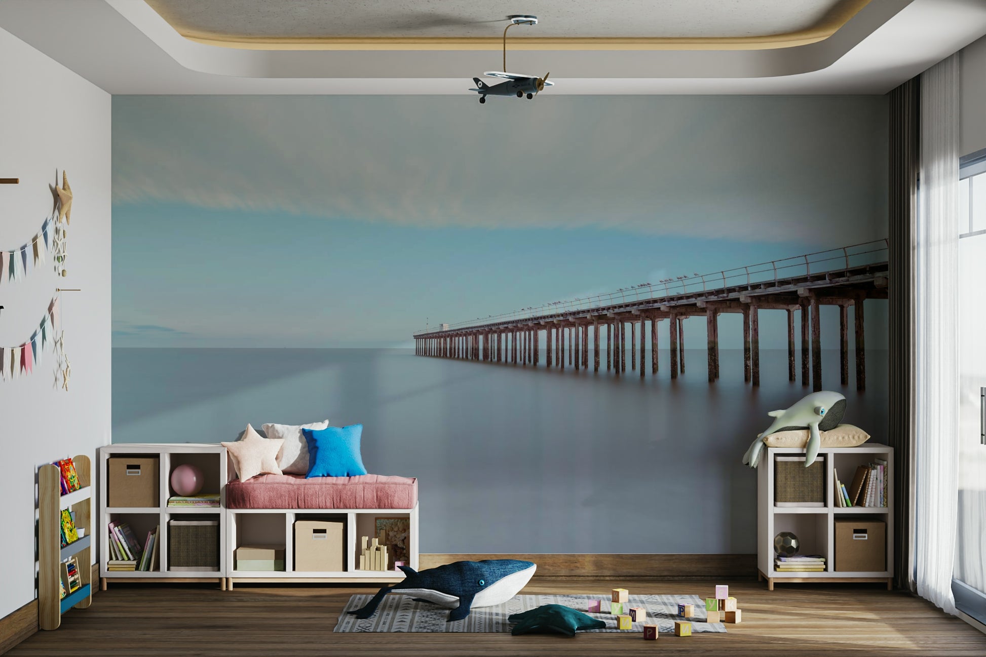 A peaceful coastal dock wall mural for your decor.


