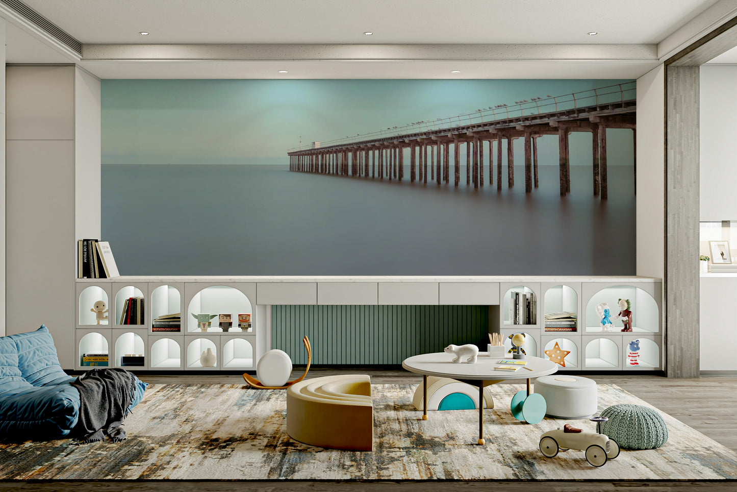 A graceful nautical wall mural in soft, tranquil tones.

