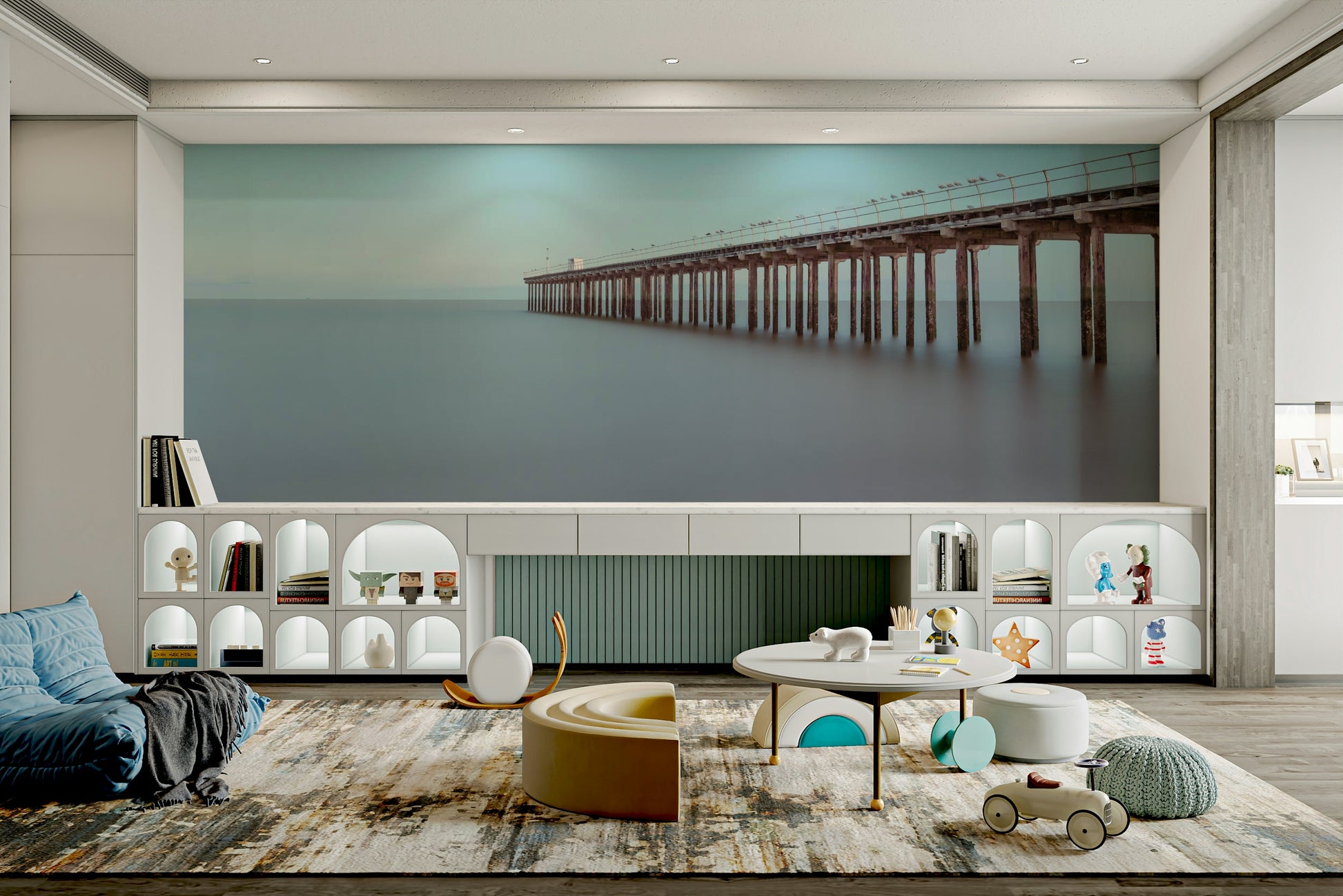 A graceful nautical wall mural in soft, tranquil tones.

