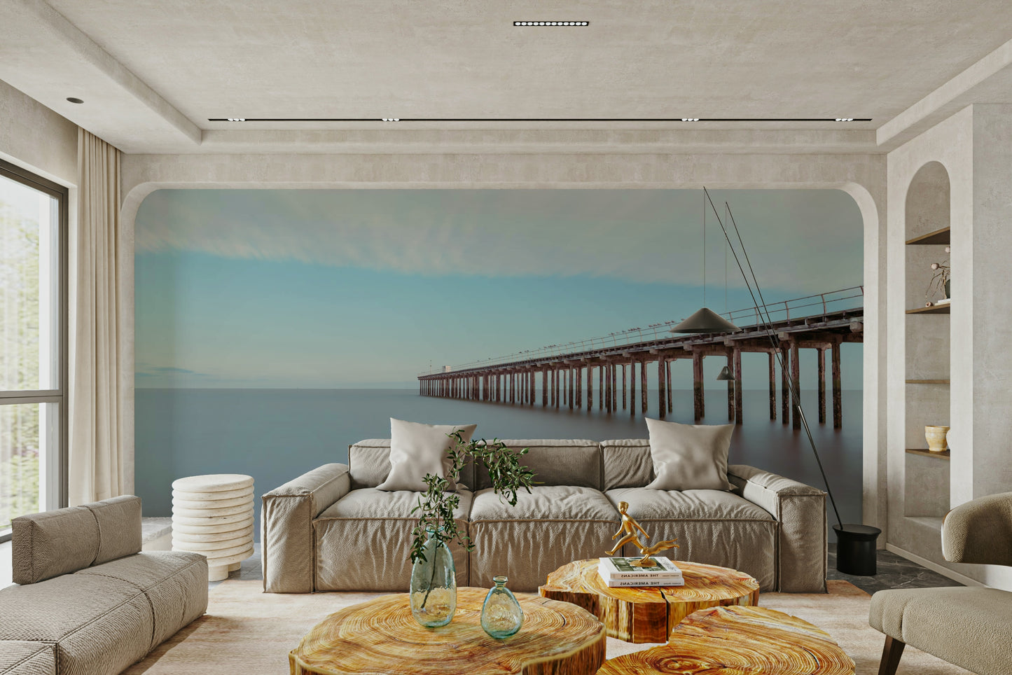 A tranquil ocean scene mural on decorative wallpaper.

