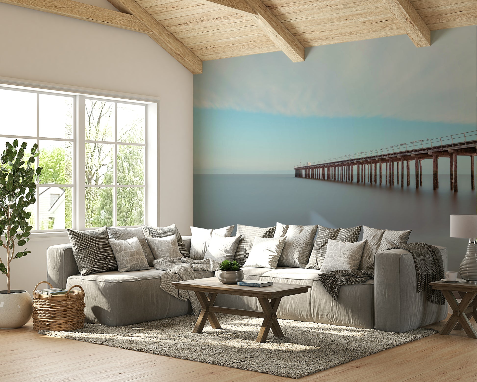 A beautiful serene wharf wallpaper mural with wooden planks.


