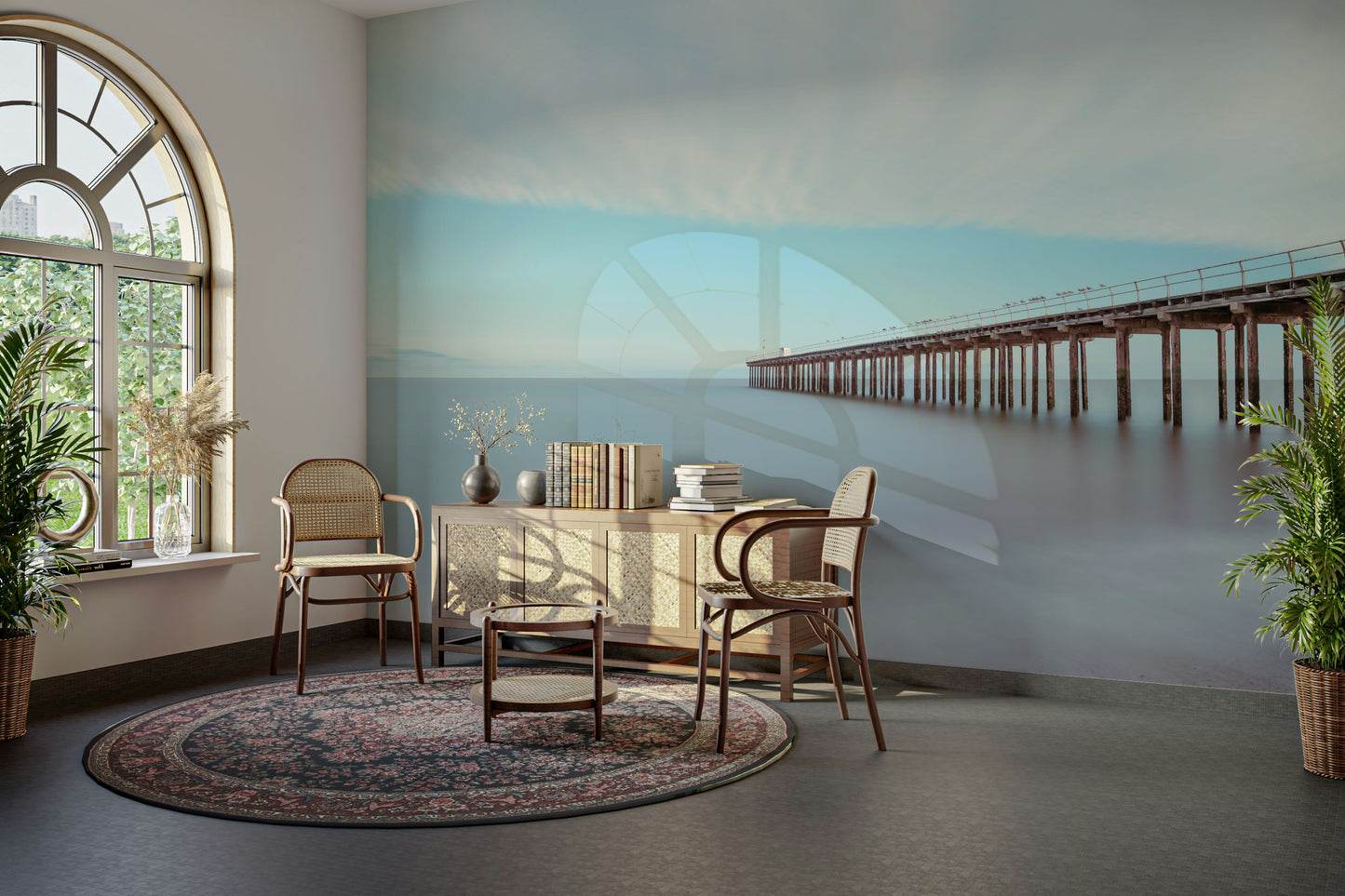 A contemplative seaside dock wallpaper mural for a feature wall.

