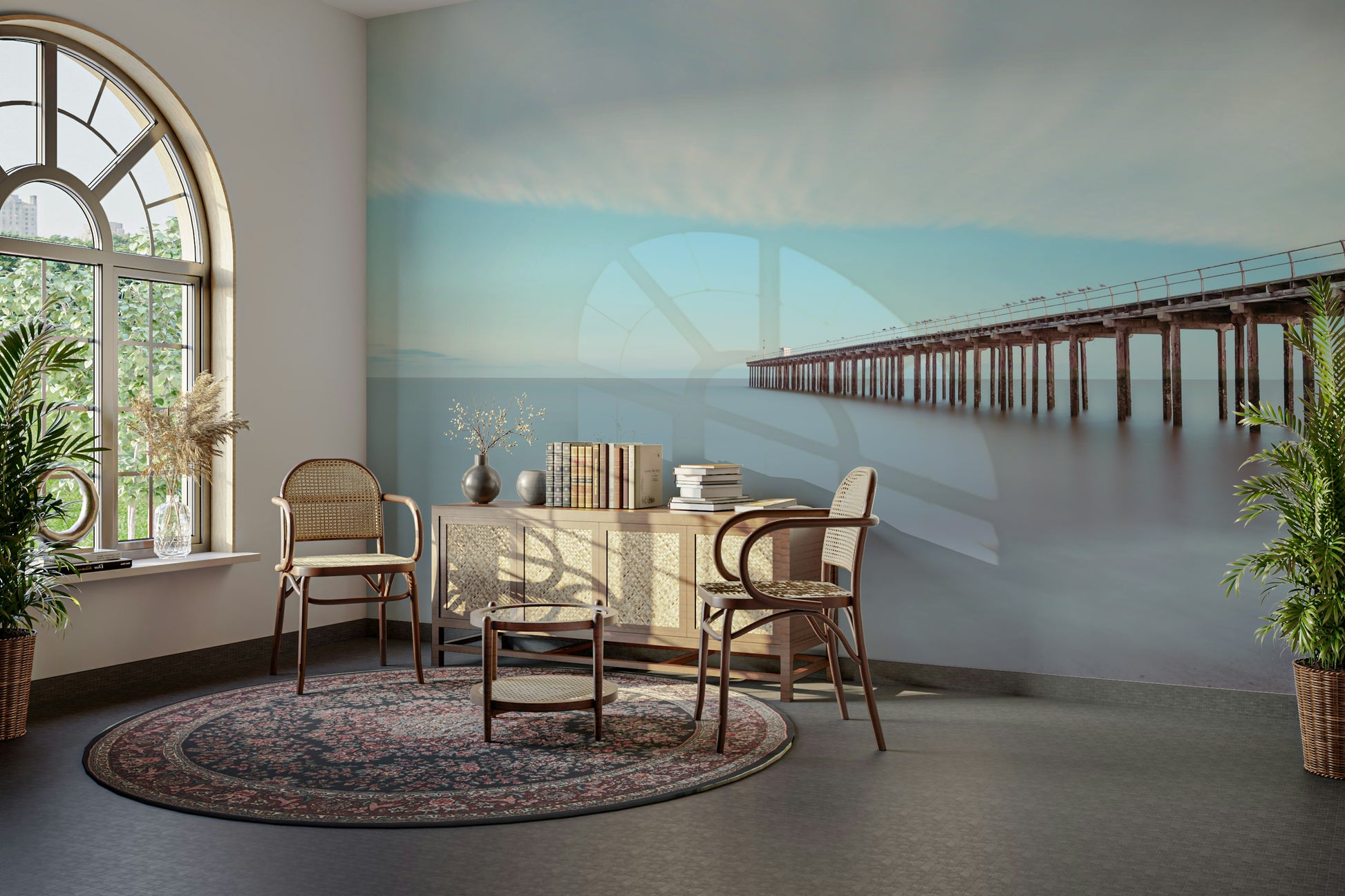 A contemplative seaside dock wallpaper mural for a feature wall.

