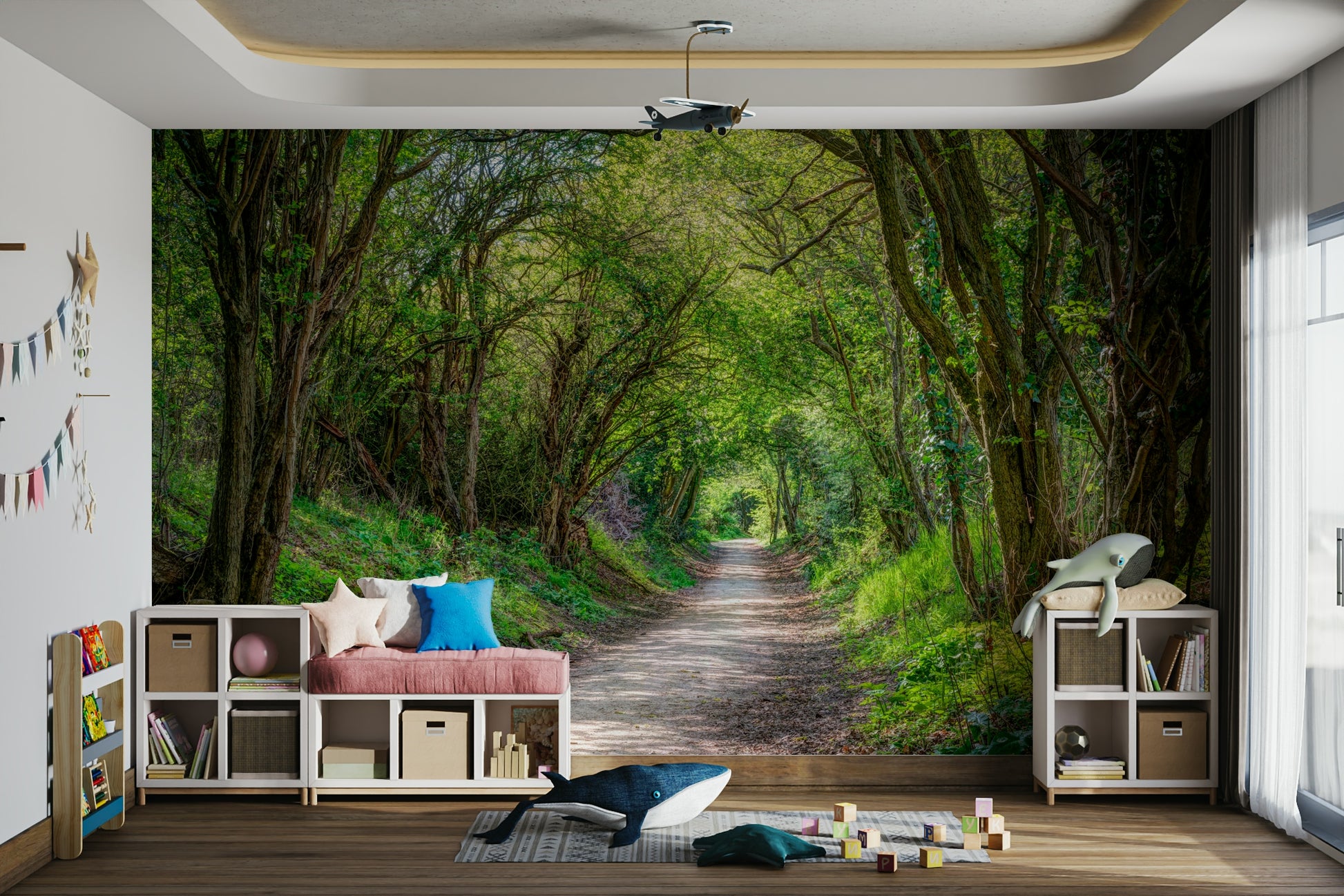 A calming tree line design wallpaper mural that defines a space.

