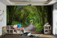 A calming tree line design wallpaper mural that defines a space.

