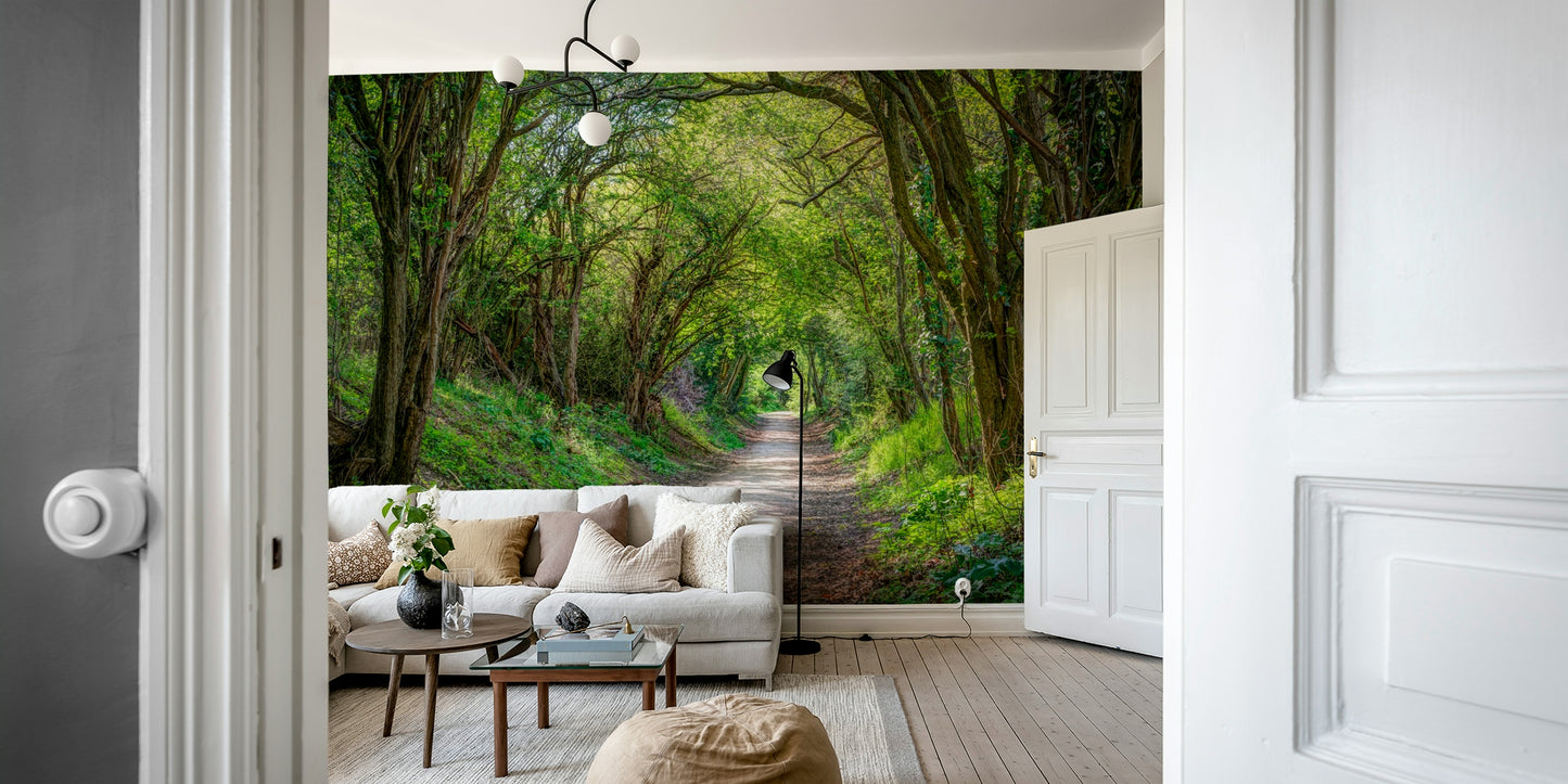 A tranquil woods scene mural on decorative wallpaper.

