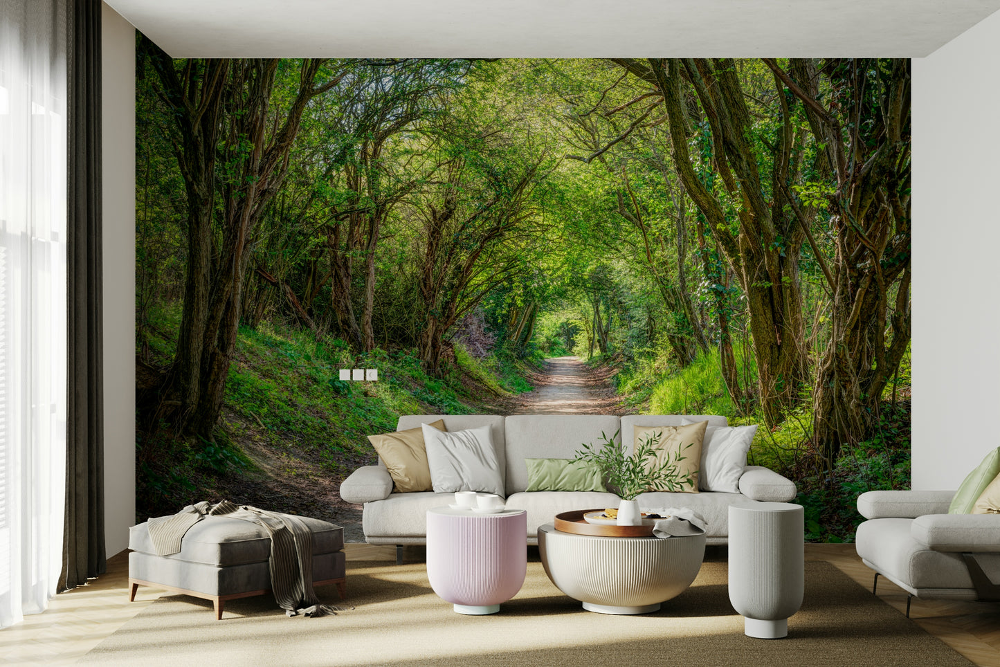 An artistic tree-lined mural on scenic wallpaper.

