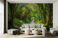 An artistic tree-lined mural on scenic wallpaper.

