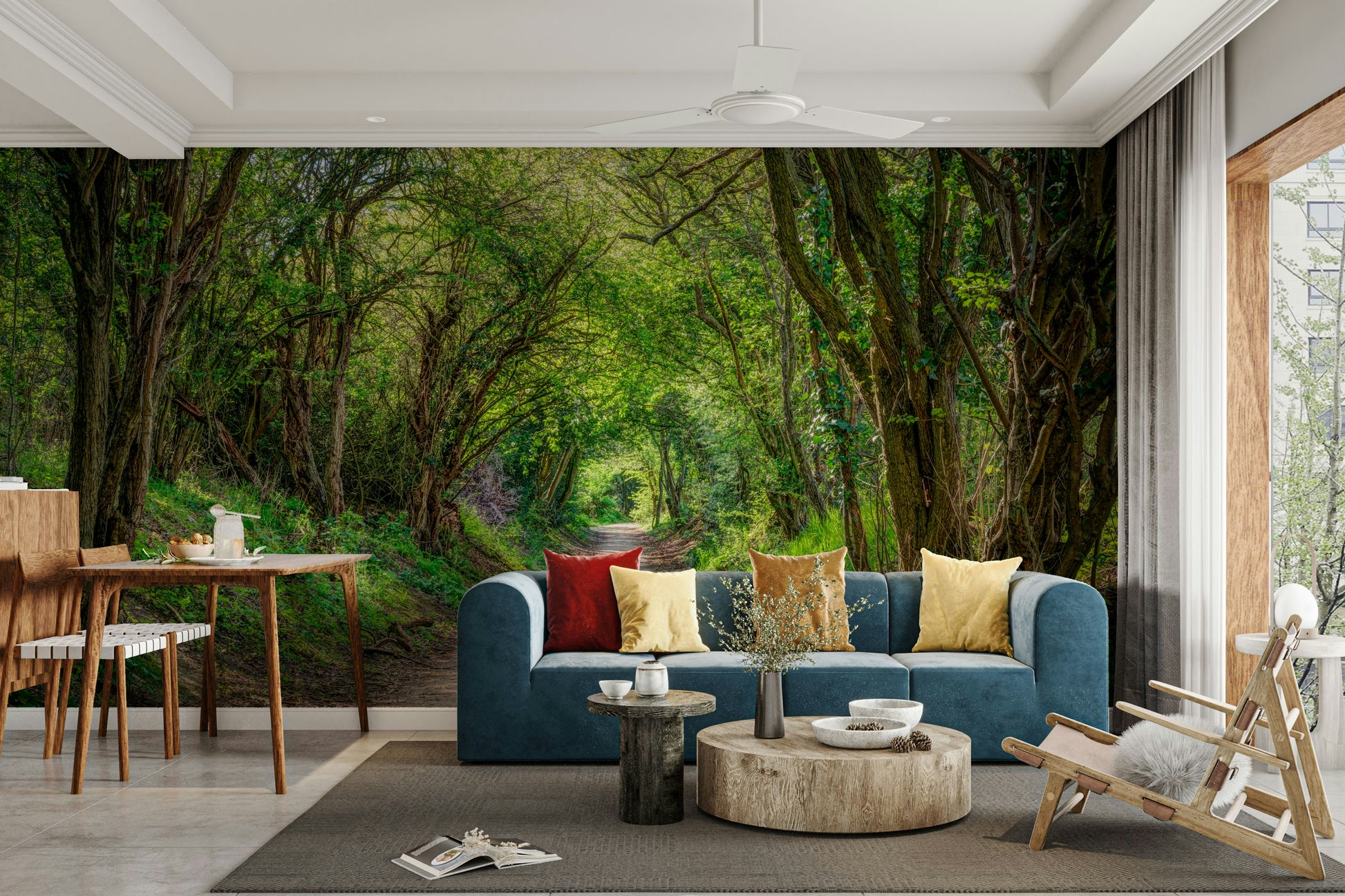 A serene woodland scene wall mural for your living room.

