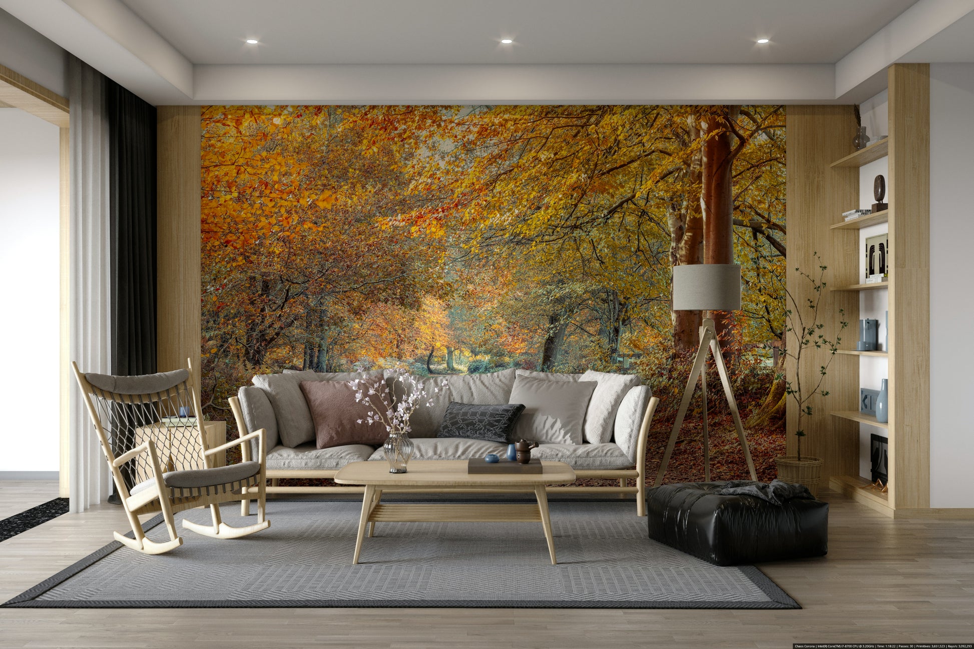 A beautiful sunlit forest wall mural for a living room.

