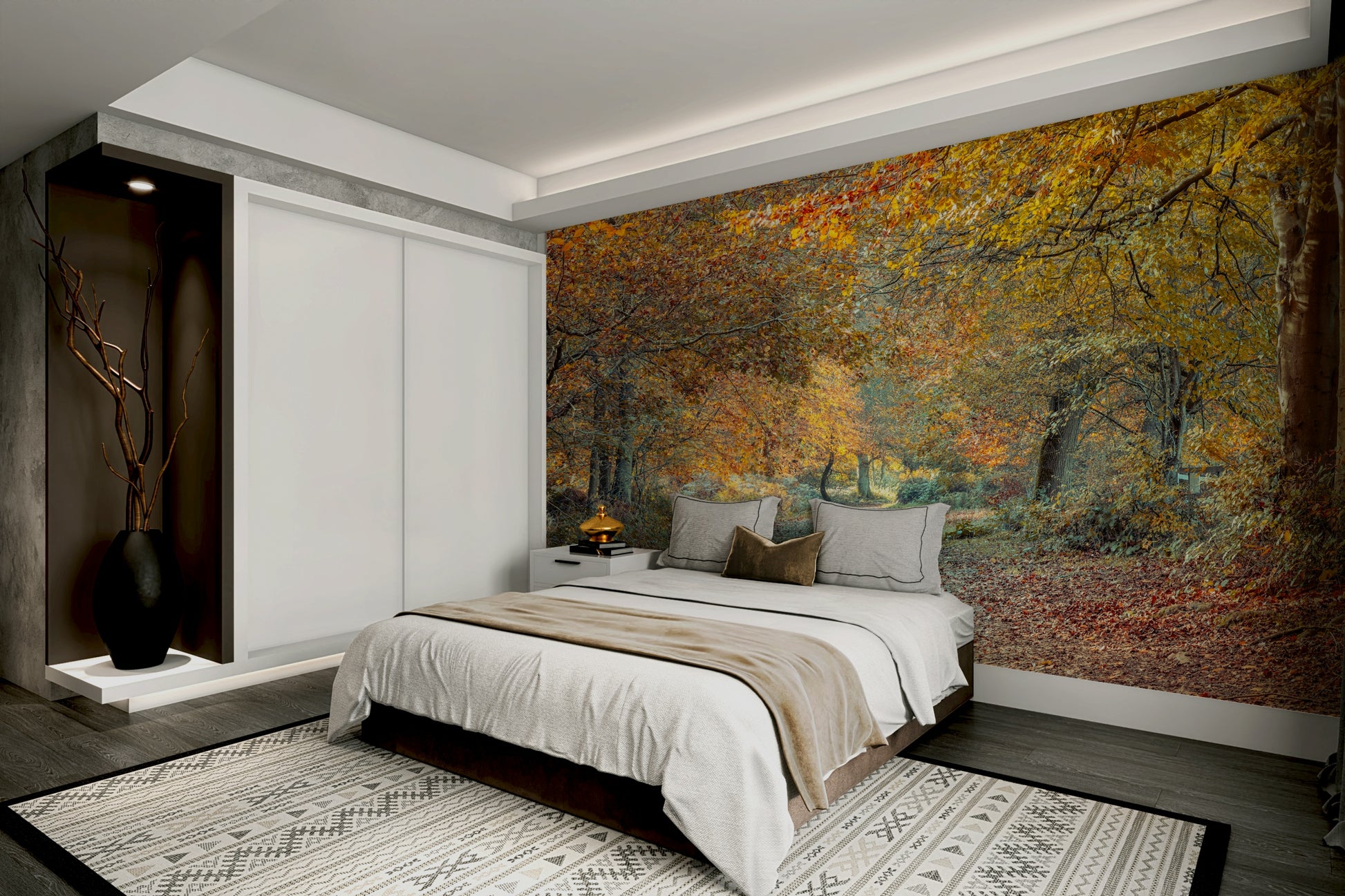 A graceful forest landscape wall mural in warm tones.

