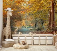 An artistic woodland trail mural on scenic wallpaper.

