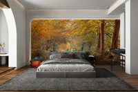 A peaceful tree-lined path mural on decorative wallpaper.

