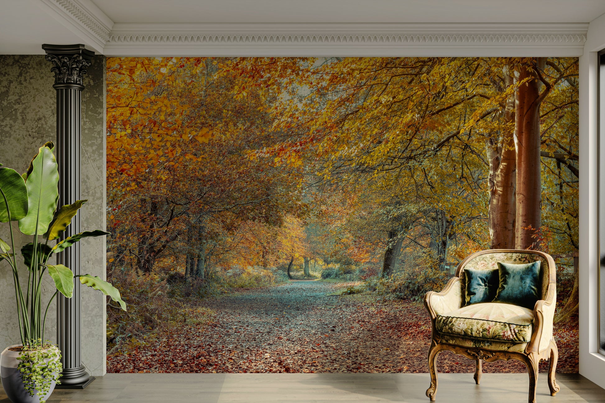 A serene fall path wall mural for a tranquil room.

