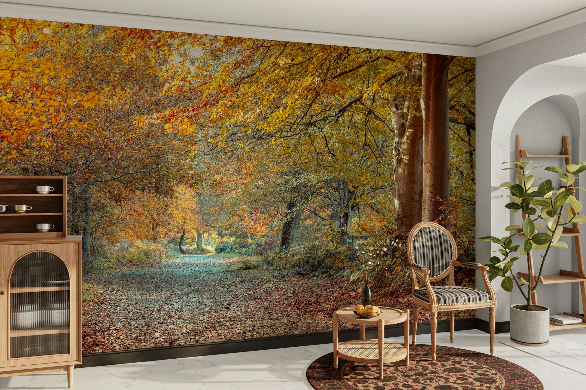A calming seasonal design wallpaper mural that defines a space.


