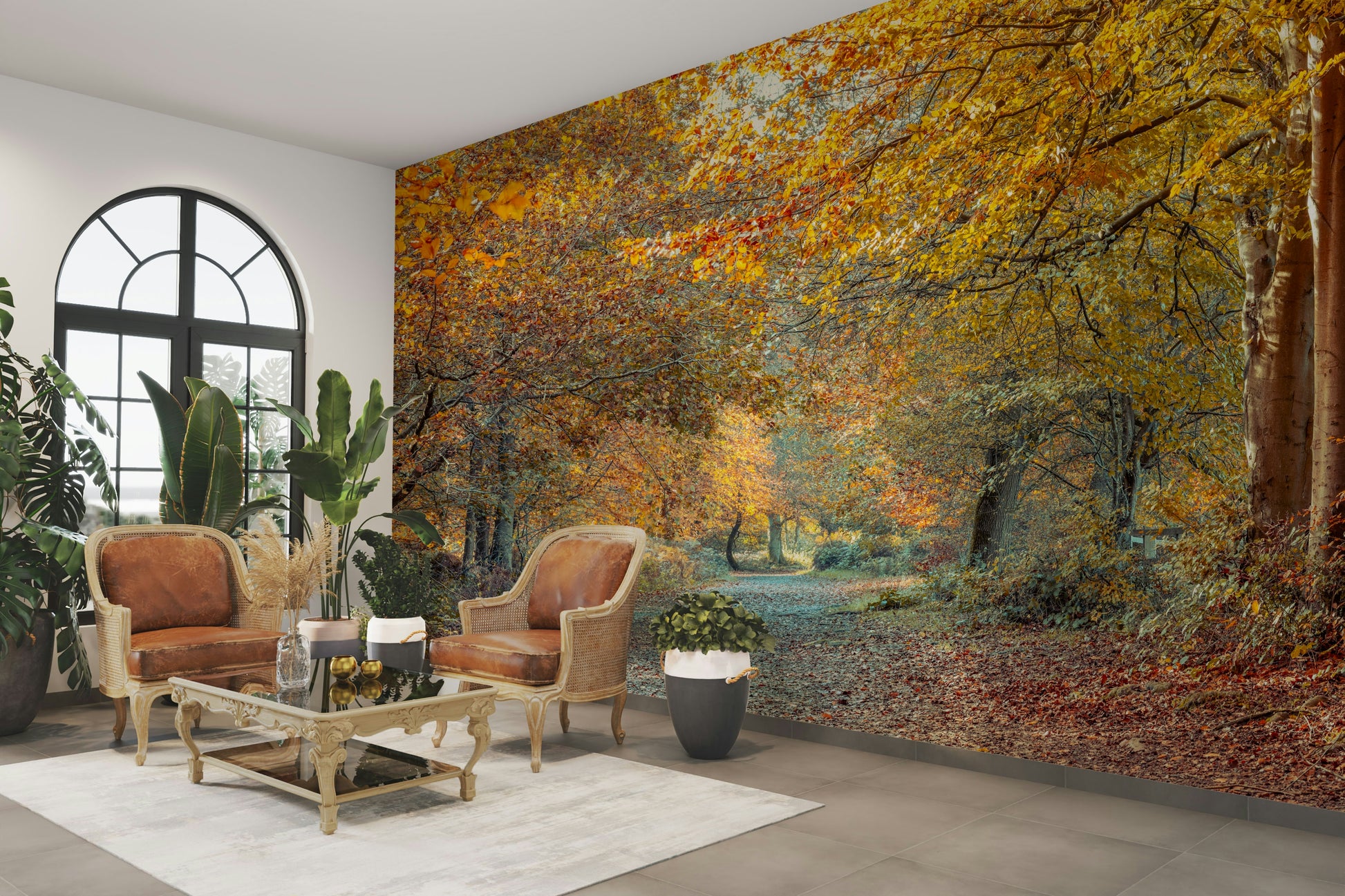 A beautiful autumn forest wallpaper mural with golden leaves.

