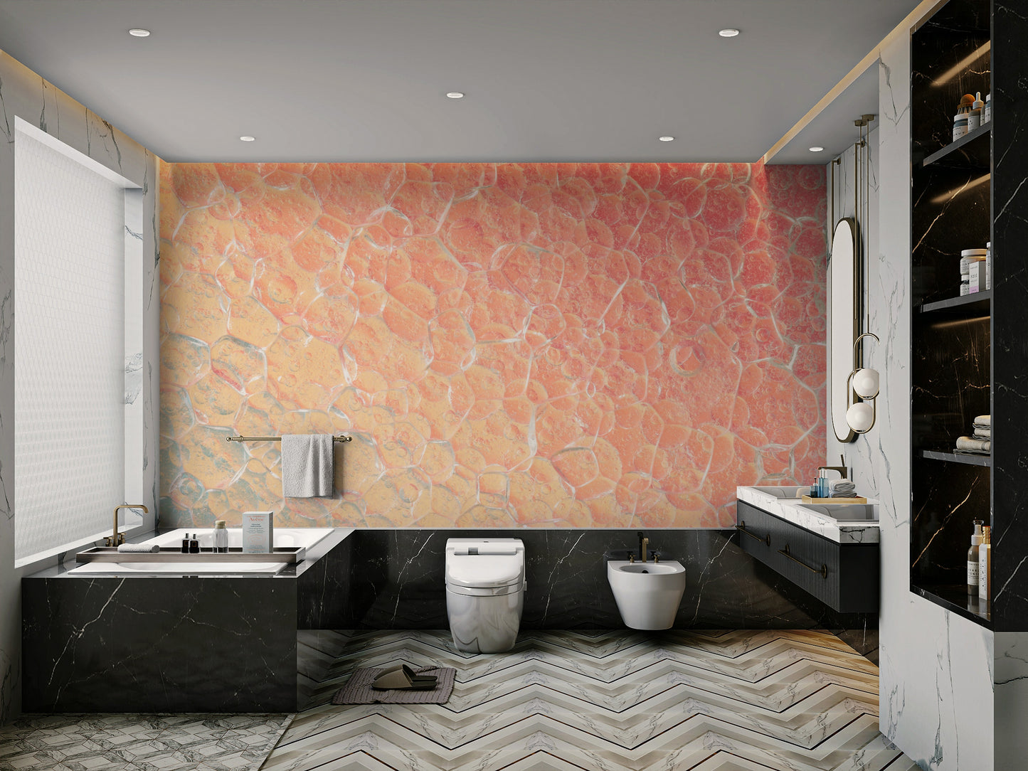 A peaceful organic abstract mural on decorative wallpaper.

