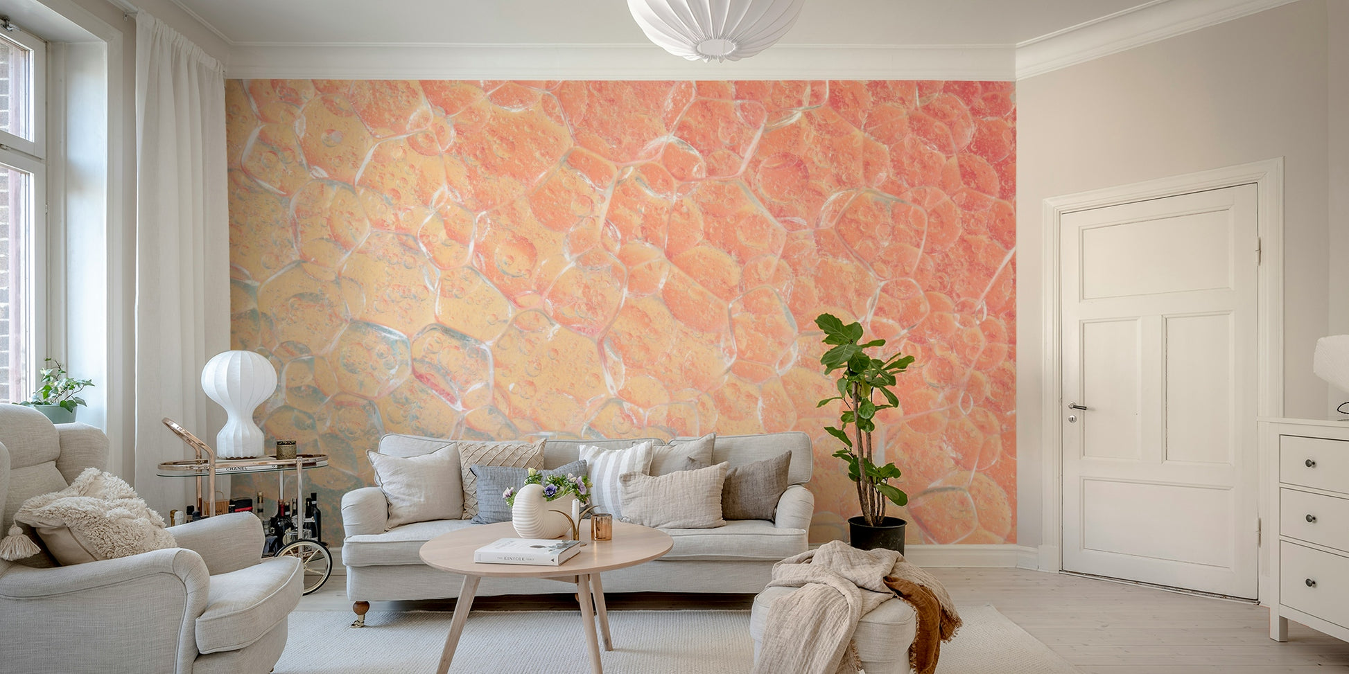 A calming ethereal cells wallpaper mural that defines a space.

