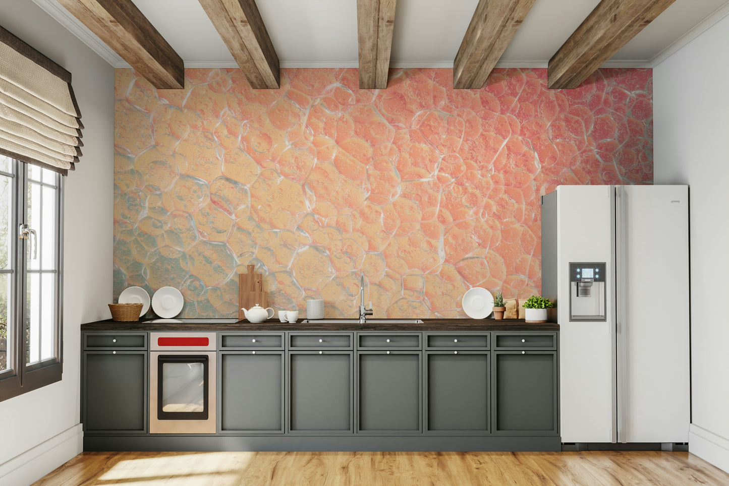 An artistic cosmic pattern mural on minimalist wallpaper.

