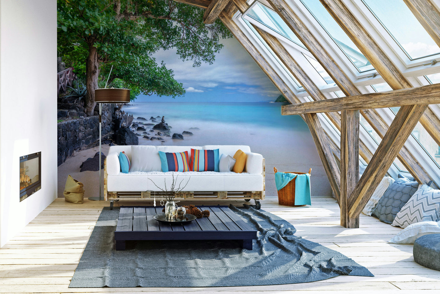 A calming turquoise water wallpaper mural that defines a space.

