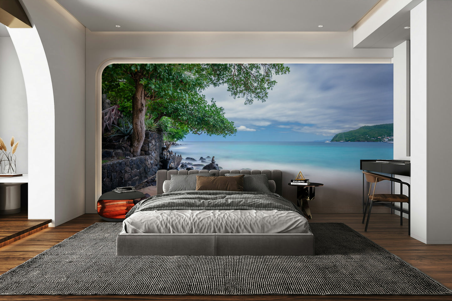 An artistic long-exposure beach mural on stylish wallpaper.

