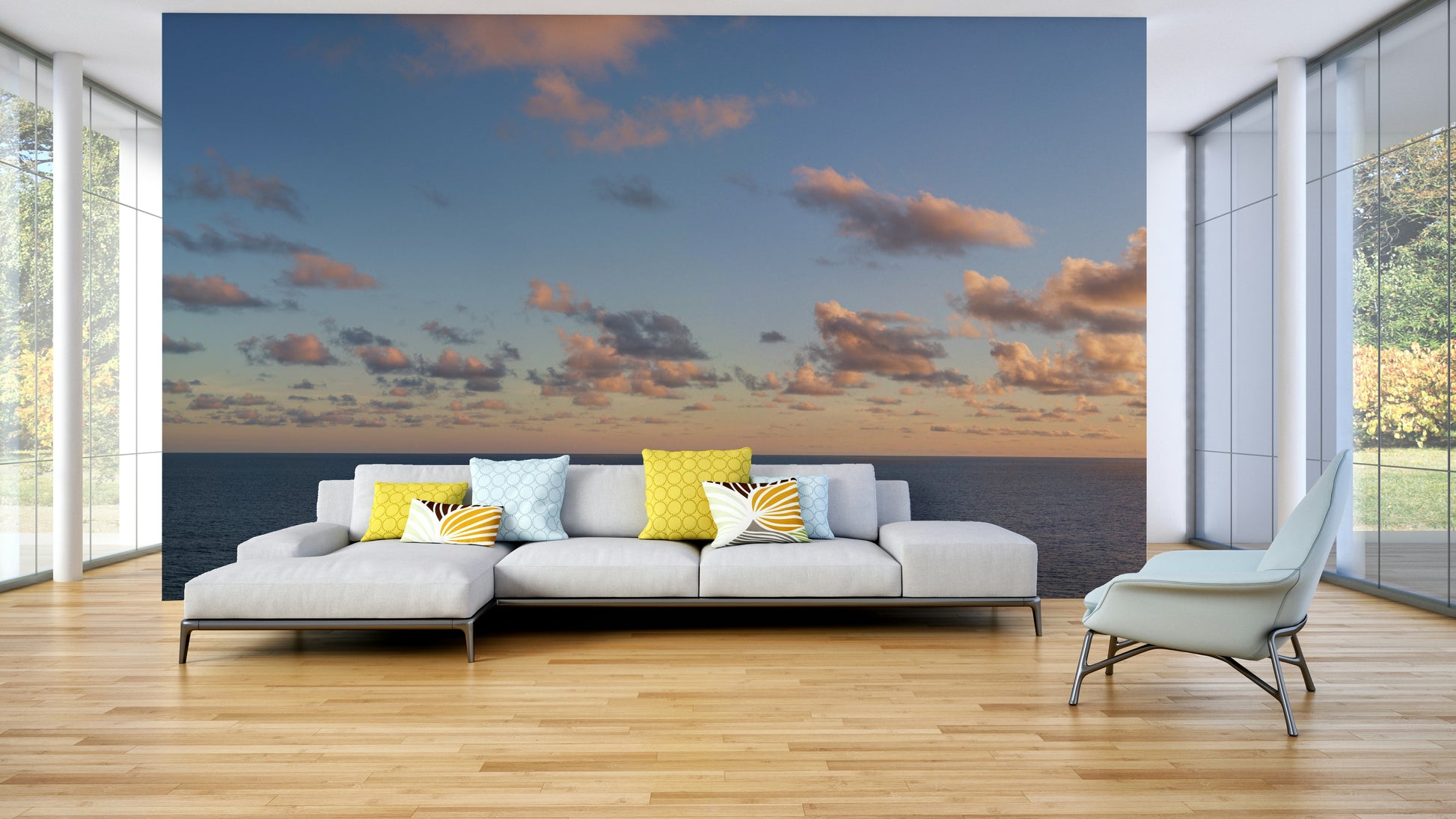 A graceful subtle cloud wall mural in soft tones.

