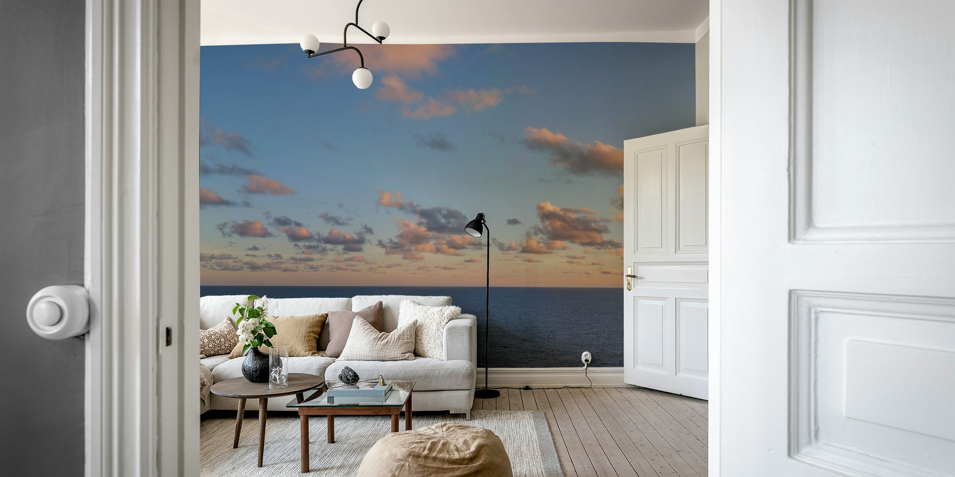 An artistic scenic mural on minimalist wallpaper.

