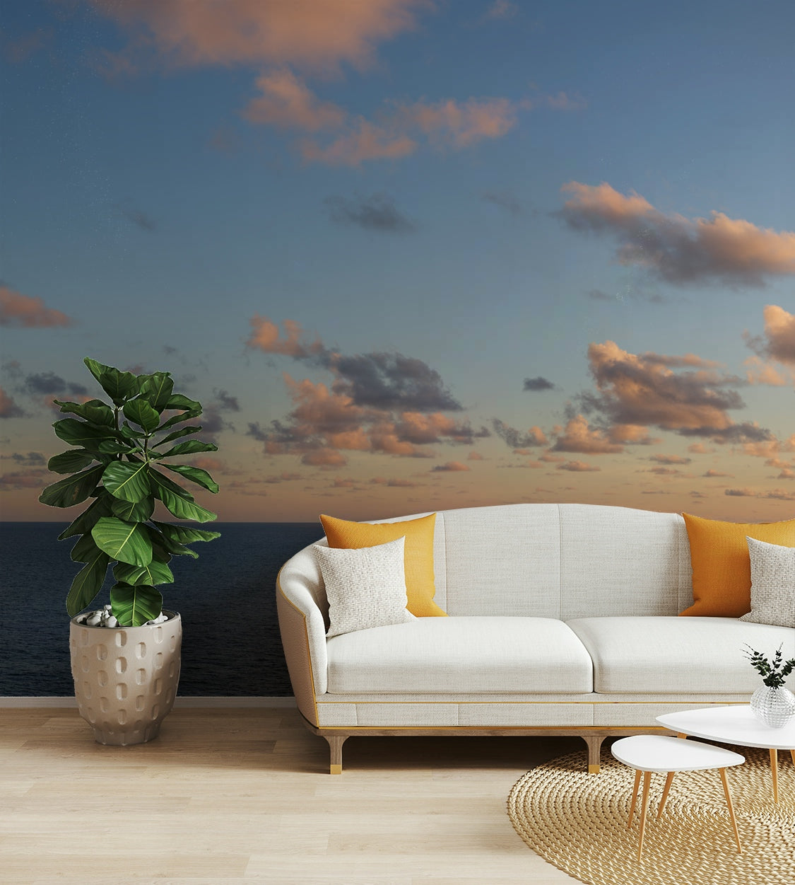 A peaceful color gradient mural on decorative wallpaper.

