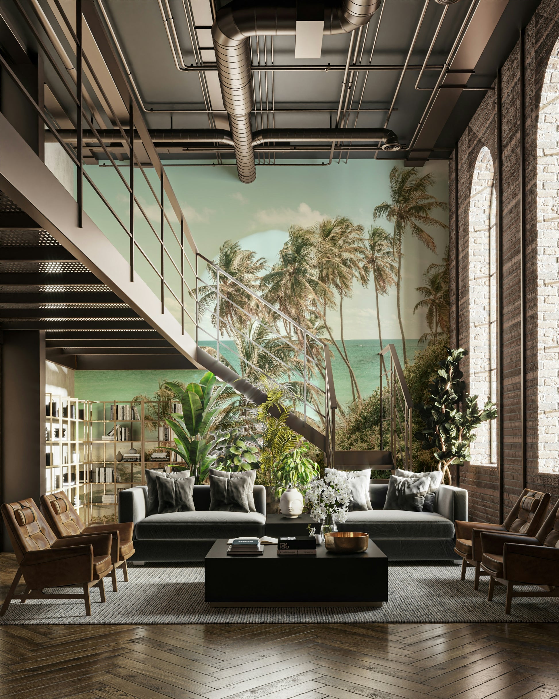 A beautiful ocean view wallpaper mural with palm trees.

