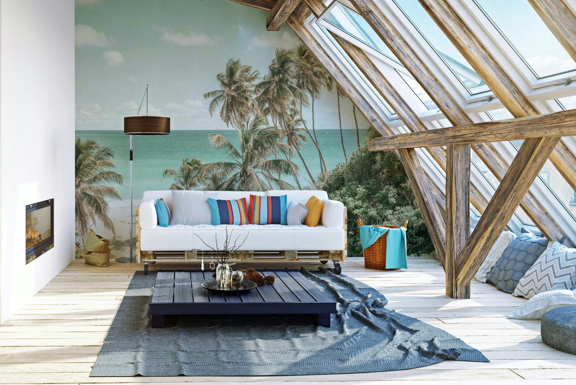 An artistic coastal landscape mural on stylish wallpaper.

