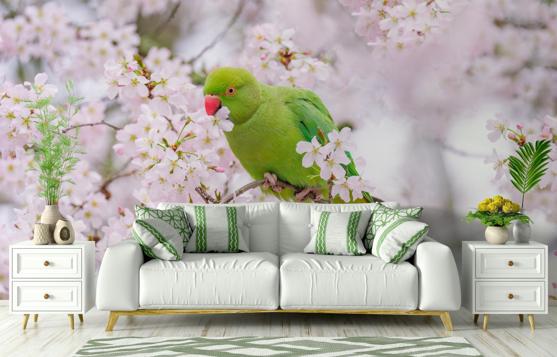 A beautiful floral and bird wallpaper mural.

