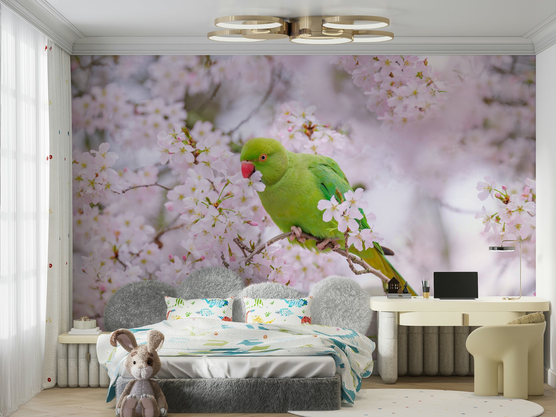 A beautiful tropical bird wall mural for a living room.

