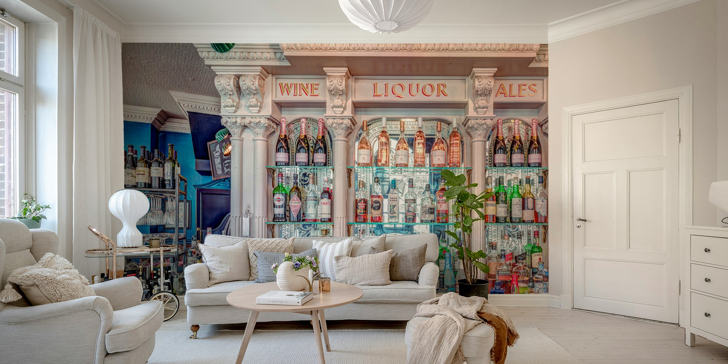 A tasteful entertainment wall mural of a chic lounge.

