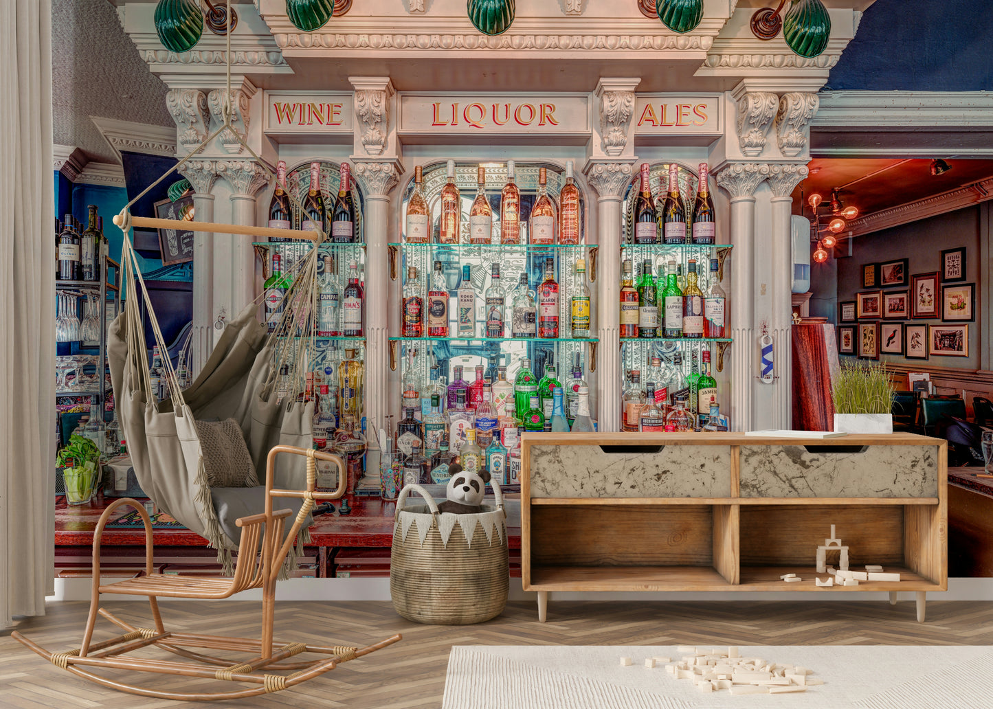 An upscale bar interior wallpaper mural for a feature wall.

